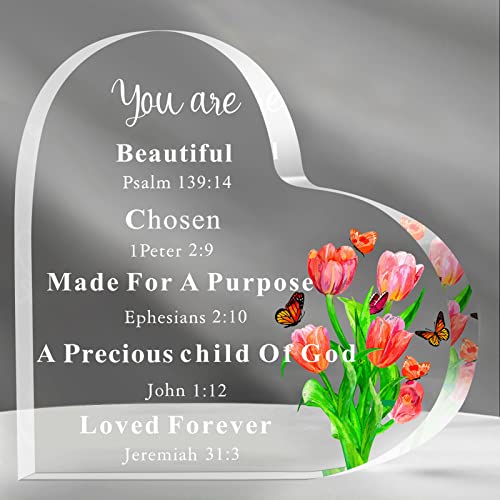 Christian Gifts for Women Inspirational Religious Gifts Encouragement Bible Verses Spiritual Plaque 6 Inch God Says You Are Acrylic Heart Plaque for Mom Mothers Day Birthday(Flower)