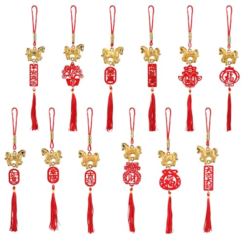 Lot de 12 pendentifs décoratifs du Nouvel An chinois Année du cheval 2026 - Porte-bonheur 2026 - Ornements suspendus - Feng Shui - Porte-bonheur - Pour fête de printemps - Pour voiture, mur, maison