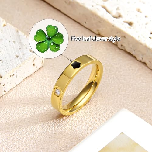 AmorArtSky 18k Gold Five Leaf Clover Dainty Inlaid Zircon Ring for Women:Fashion Lucky Five Leaf Love Promise Rings Stainless Steel Wedding Band Promise Ring Jewelry Birthday Gifts for Women4