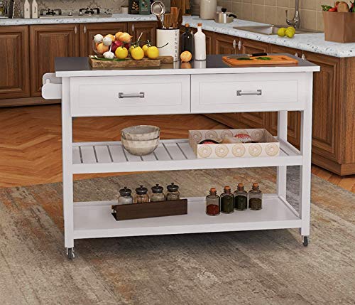 image for RASOO Kitchen Island Cart on Wheels Trolley White Stainless Steel Top 