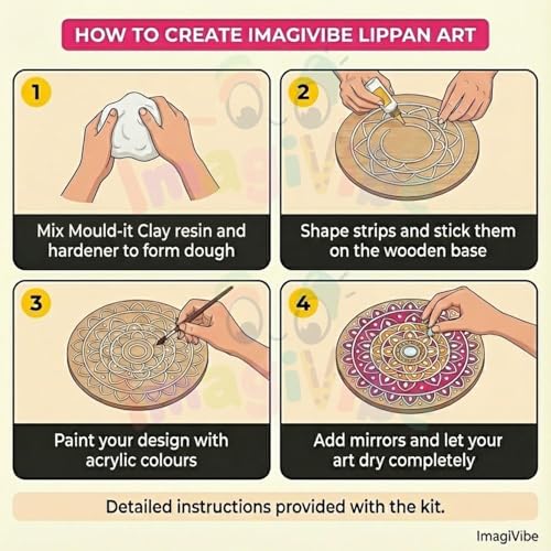 Image of ImagiVibe DIY Mini Lippan Art Kit for Kids & Adults | 2 Pre-Marked 6 Inch MDF Boards | Indian Folk Art Painting Kit with Clay, Mirrors & Pastel Tempera Colours | Creative Art & Craft Kit for Gifting, Artists, Children, Students, Beginners (6inch)