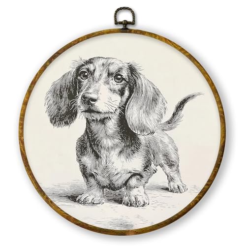 QZQE Vintage Dachshund Round Wall Art Decor Framed, Gifts for Weiner Dog Dachshund Lovers Circle Canvas Prints, Doxie Gifts Circular Wall Hanging Decor for Home Bedroom Living Room, 10x10 Inch