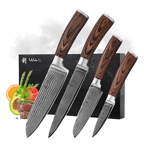 Wakoli EDIB Damast Messer Set 4-teilig aus 67 Lagen Damaststahl mit VG10-Kern & Pakkaholzgriff – Küchenmesser Set mit Santoku, Officemesser & Fleischmesser Messerset in Geschenkbox