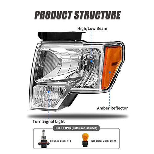 ADCARLIGHTS 2009 2010 2011 2012 2013 2014 Ford F150 Pickup Headlight Assembly for 09-14 Ford F150 Clear Lens Chrome Housing with Amber Reflector Headlamp Replacement Left and Right Pair（W/O Bulbs） by ADCARLIGHTS - Image 3