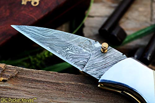 Dkc Knives Dkc-969-Ds Zomura Damascus Steel Blade Folding Knife Etched Bone Handle Folding Pocket Knife 4.5" Folded 7.5" Long 7.25 Oz 3.25" Blade #TOP3