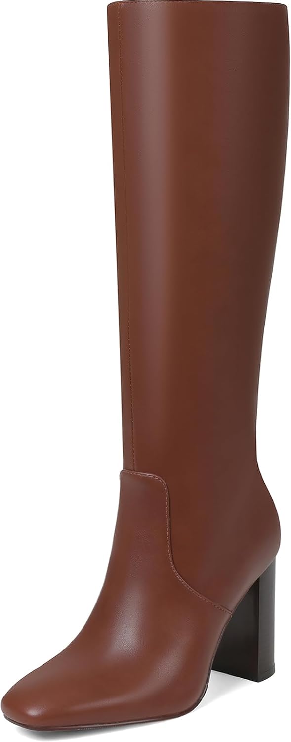 Tarkwa Knee High Boots for Women, Chunky Heel Faux Leather Boots Women's Comfortable Square Toe Shoes Long Tall Boots Dress/Casual Boot with Side Zipper