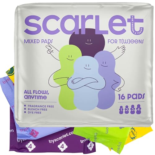 Scarlet by RedDrop Mixed Tween Period Pack First Period Kit for Girls 9-12 with 16 Super Absorbent Pads in 4 Sizes | Chemical-Free Fragrance-Free Beginner Menstrual Kit for School or Travel