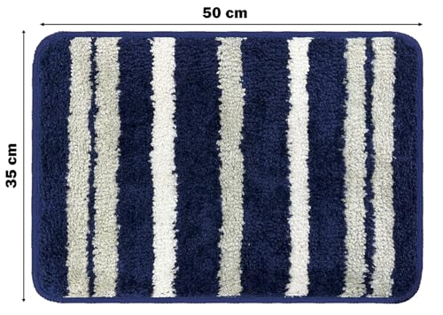 Image of VAS COLLECTIONS Microfiber Solid & Striped Anti-Skid Bath Mats - Pack of 2 (Blue & White, 35x50 cm)