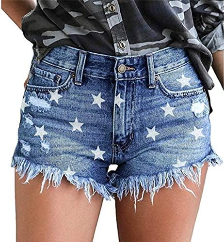 onlypuff Distressed Jeans Shorts for Girls Mid Waist Womens Star Blue Jean Shorts Cut up Shorts XL