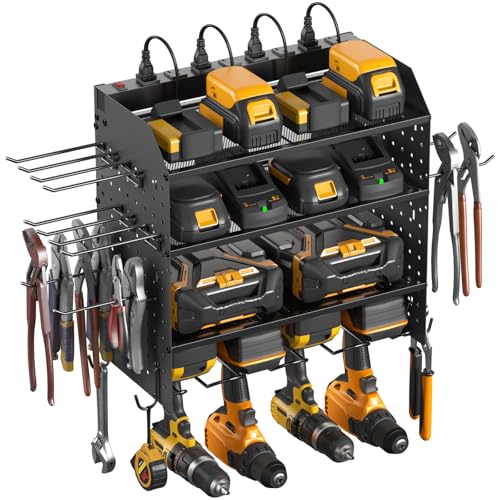 CCCEI Modular Power Tool Organizer with Charging Station. 4 Layer Wall Mount Drills Holder, Tool Battery Charger Organizer. Garage Shop Storage Utility Shelf with 10FT Power Strip, Gift for Men.