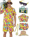JQAKFIY 80s 90s Outfit for Men Hip Hop Costume Men's Hawaiian Shirt ande Short Set Rapper Cosplay Halloween with Accessories 2XL