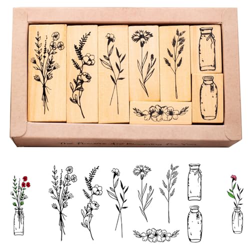Fhioevt 8 Piezas Sellos de Madera de Flores y Plantas Scrapbooking Sellos de Madera Flores para Estampar Sellos de Goma de Madera para Manualidades,Tarjetas,Álbumes de Recortes