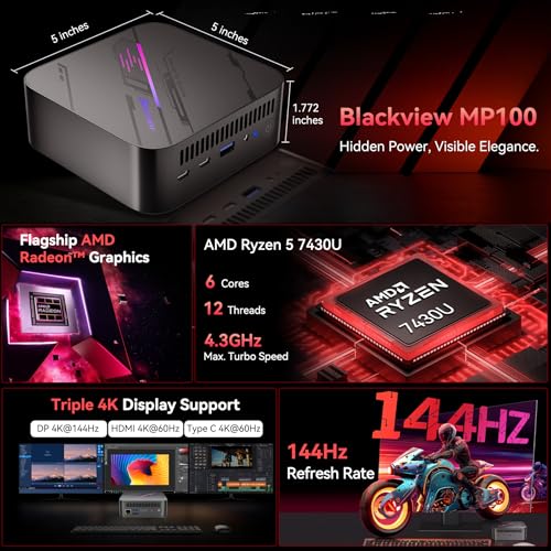 Blackview [ 3 Years Guarantee] MP100 Mini PC Win 11 Pro, 3 * 4K 144Hz Display, AMD Ryzen 7430U(Beats 4300U/7730U), 16GB RAM 512GB SSD, USB3.2, WiFi 6/BT 5.2 Mini Desktop PC for Video Editing