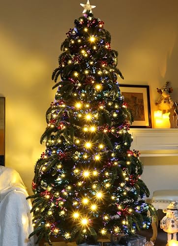 Asinse 6ft Fiber Optic Christmas Tree with 8-Function LED Lights, PE+PVC Branches, Red Berries, Pine Cones, Star Tree Topper - 250 Branches, Metal Satnd, Christmas Decor