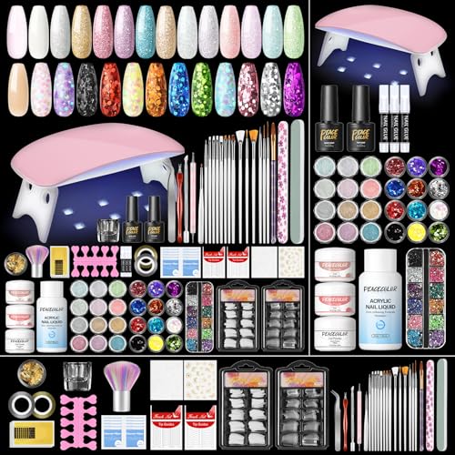 PEACECOLOR Acryl Nagelset Starterset Komplett UV/LED lampe - 27 Farben AcrylPulver Nails mit 30ML Monomer Liquid,Nägel Starterset Selber Machen