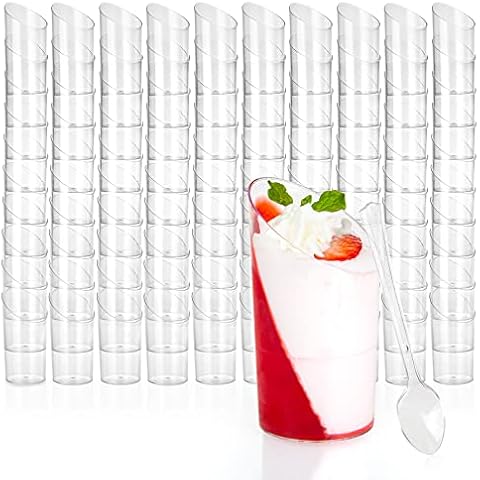 Ilyapa 3oz Plastic Dessert Cups - 100 Pack Mini Dessert Cups with Spoons - Clear Reusable Small Appetizer Cup for Cheesecake Shooters, Chocolate Mousse, Parfait - Party and Catering Supplies - Slanted Cover