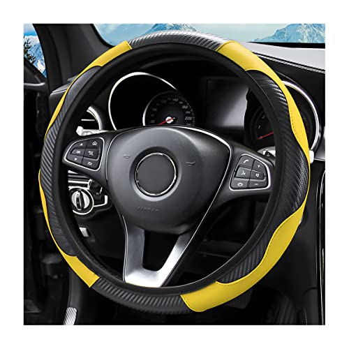 Aukepo 15 Inch Car Steering Wheel Cover, Carbon Fiber Microfiber Leather Elastic Stretch, Anti-Slip Breathable Steering Wheel Protector For Women Men, Car Accessories For Suv, Truck, Van (Yellow) #TOP15