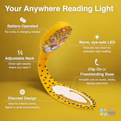Image of Gifts for Readers & Writers Book Light, Clip On Reading Light for Bed, 2in1 Flexilight & Bookmark, Small & Lightweight with a Soft Glow, 2 Batteries Included, Leopard