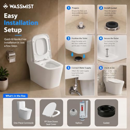 Image of WASSMIST Commode Toilet | Floor Mount One Piece Western Toilet for Bathroom with 10 Year Glaze Warranty | Rimless Tornado Washdown Flush | PP Soft Close Seat Cover | 225 mm S Trap