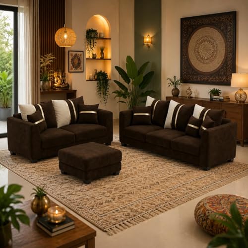 Image of Vero Plush Comfort Sofa Set | 3 Seater + 2 Seater with Ottoman | Luxury Velvet Suede Fabric | Modern Living Room Sofa | Dark Brown