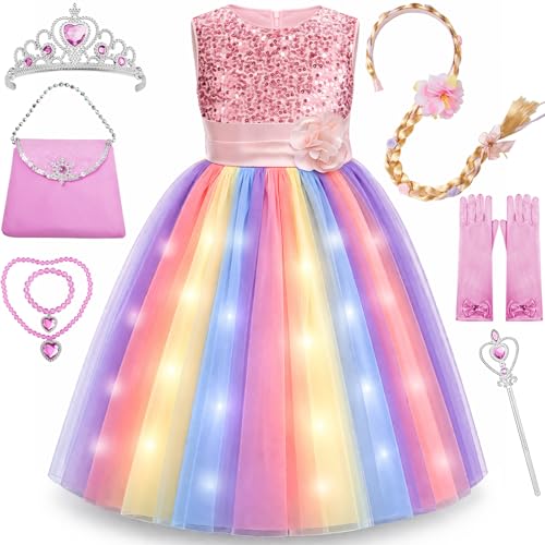 Davvew Little Girls Dress Sequin Pink Rainbow Dress Flower Girl Dress Easter Dress Light up Princess Dresses for Toddler Girls Kids Costume for Brithday Wedding Party