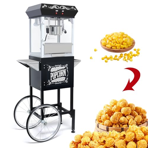 Image of Montary 8 Oz Commercial Popcorn Machine with Cart,650W Vintage Style Popcorn maker Equipped with Popcorn Scoops，Heated Deck & Storage for Home Movie House and Carnival,Black