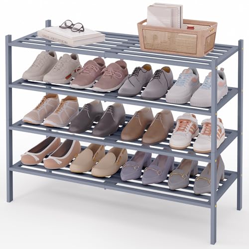 Image of Smiry Bamboo Shoe Rack, 5 Horizontal Slats, 4 Tier - 33.9 inch Wide, Grey