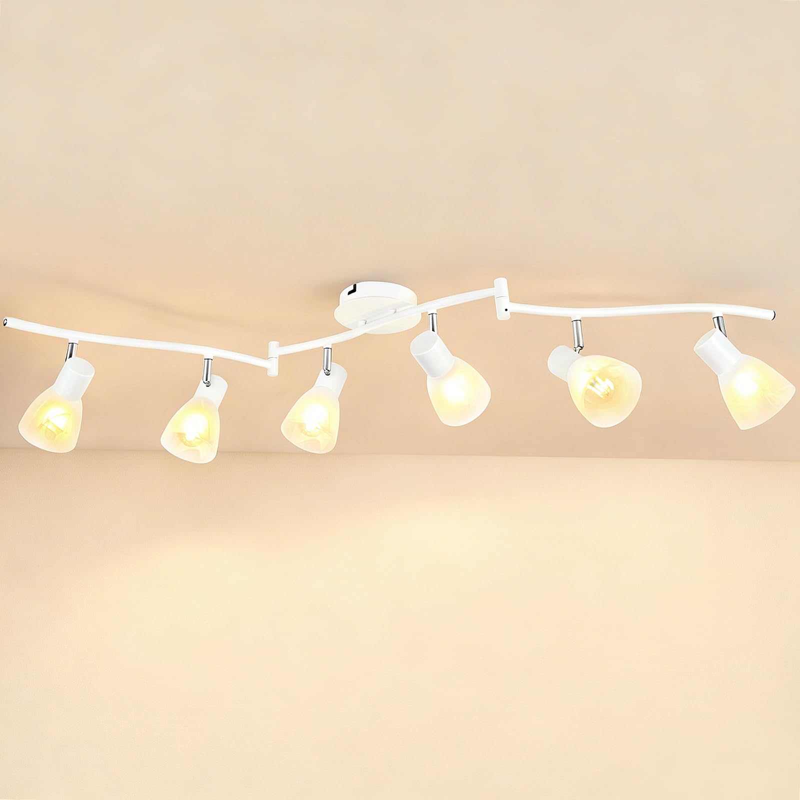HiBay 6-Light Track Lighting White, Flexible Ceiling Light Fixture w/Glass Shades, Modern Track Spot Lights Indoor for Kitchen, Living Room, Dining Room, E12 Base, No Bulbs