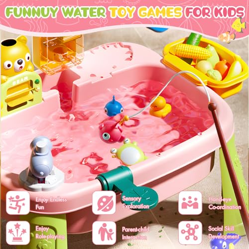 2027 Upgraded Pink Stand Water Table for Toddlers 1-3 - Outdoor Toys for Kids Ages 3-8 with Pump, Summer Outside Sensory Activity Pool Toys, Kitchen Play Sink Toy with Running Water, Fishing Toy by JEFLYM - Used condition - Image 5