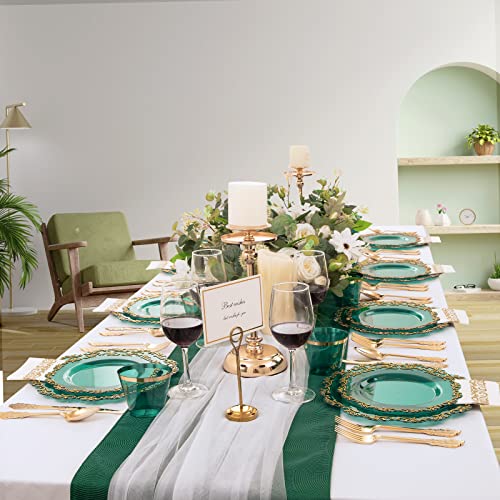 Pulote 175Pcs Clear Green Plastic Plates & Gold Plastic Silverware & Clear Green Cups & Gold Napkins Service 25 Guest For Party #TOP6