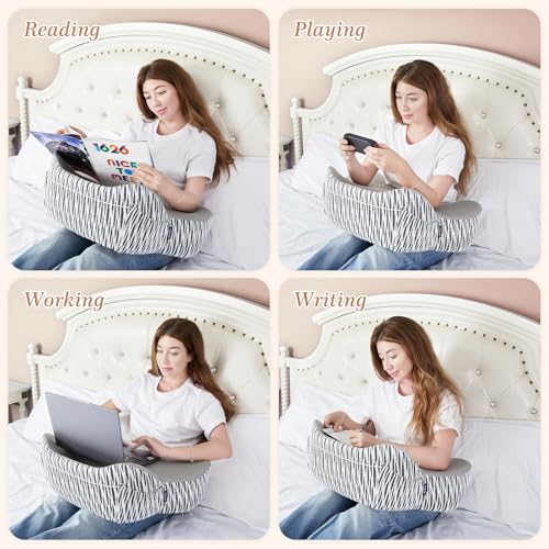 Image of DONAMA Reading Pillow for Gaming, Lap Desk Pillow for Laptop, Arm Rest Pillow with Side Pockets, Memory Foam Bed Rest Pillow for Reading, Working, Gaming, Writing in Bed Couch Floor (Light Grey)