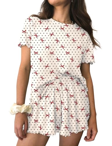 Image of Ekouaer Womens Pajamas 2 Piece Ribbed Knit Pjs Short Sleeve Sleepwear Set Summer Soft Pajamas Set Casual Lounge Sets