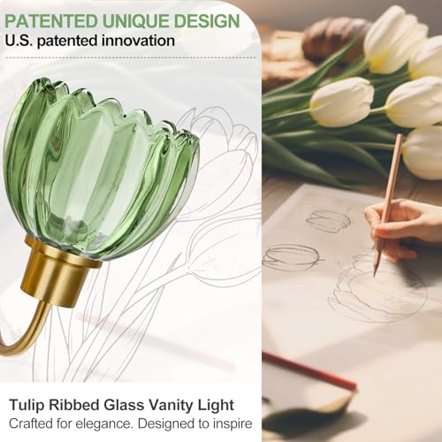 Image of 4-Light Bathroom Light Fixtures, 27 inch Brushed Gold Vanity Lights for Bathroom with Ribbed Green Tulip Glass Shade, Vintage Bathroom Vanity Lighting Fixtures Over Mirror for Bedroom Living Room Hallway