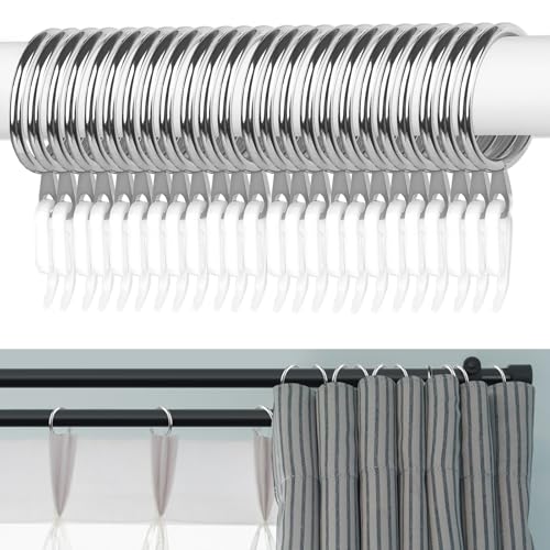 Curtain Rings 24pcs Metal Curtain Ring with 24pcs Hooks Drape Sliding Hanging for Pole Rod 30 mm Internal Diameter (SILVER)