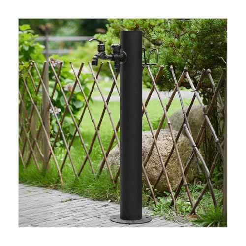 Fontaine à eau de jardin en acier inoxydable avec colonne cylindrique, support de tuyau indépendant et robinet à double sortie (50 x 20,5 cm) – Décoration extérieure pour terrasse et cour