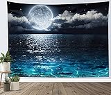 LB Moon Over Ocean Tapestry, Night Sky Tapestry Wall Hanging, 3D Fantasy Psychedelic Watercolor...