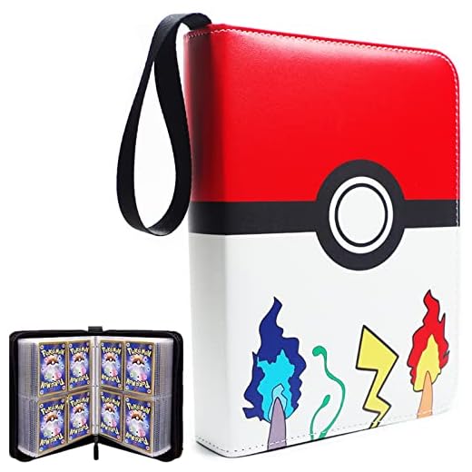 Pokemon Card Binder, Pokemon Card Holder with Fully Enclosed Zipper and Carrying Strap, 4-Pocket for Pokemon Card Book, Holds 400 Pokémon Cards, Trading Card Games Collection Binder Case Book.