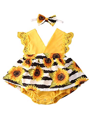 Infant Baby Girl Sunflower Romper Dress Sleeveless Lace Overall Jumpsuit Bodysuit Summer Clothes Outfits with Headband (Yellow, 6-12 Month)