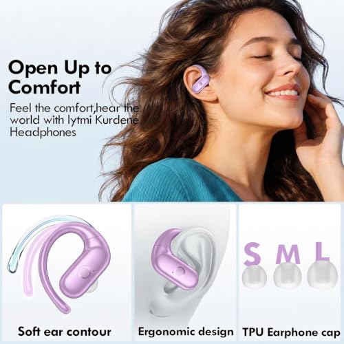 Image of kurdene Wireless Earbuds Bluetooth Headphones Sport Over Ear Buds 60Hrs | Bluetooth 5.4 Earphones Bluetooth Headsets Redesigned Comfort Fit with Earhooks for Running,Meeting,Workout-Purple