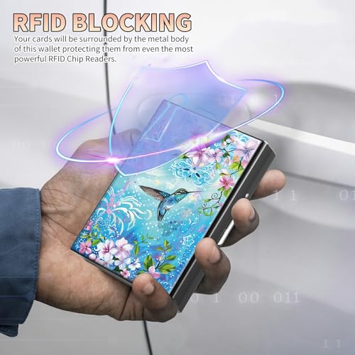 Slim Credit Card Holder, Hummingbird and Flowers RFID Blocking Metal Wallet for Men & Women, Aluminum Minimalist Hard Case Pocket-Sized Business Cards Organizer (Fits Up to 10 Cards)3