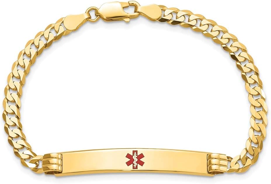 Engravable Personalized Custom 14K Yellow Gold Medical Red Enamel Curb Link ID Bracelet For Men or Women Length 7 inches Width 6.5 mm With Lobster Claw Clasp