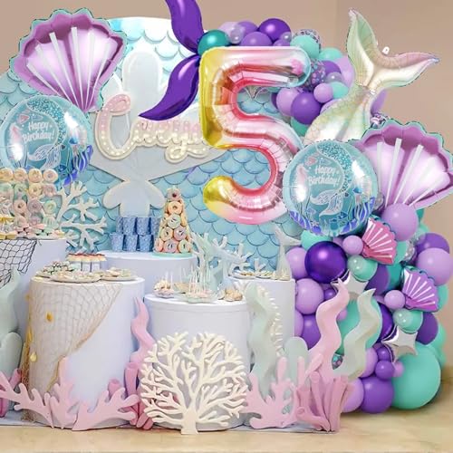 Image of Mermaid Birthday Decorations Mermaid Balloons - Number 5 Balloons for Girls Under The Sea Mermaid Theme Baby Shower Birthday Favors