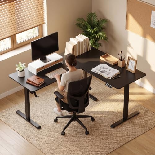 Image of Furmax 63 x 48 Inch L Shaped Standing Desk with 2 Preset Heights, Electric Height Adjustable Computer Table, 2 Hooks & Feet Balance, Corner Sit Stand Desk for Home Office (Black, 63 x 48 Inch)