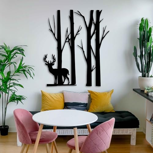 KAWA METALWORKS Arte de pared de metal con árboles y ciervos para cabaña y granja, escultura de pared de metal de árboles y ciervos, decoración vertical de pared de metal, colgante de pared de metal