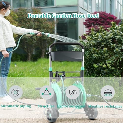 Carrello avvolgitubo portatile con ruote regolabile retrattile per tubo da giardino con guida integrata e raccordi per irrigazione del prato e lavaggio auto (include pistola ad acqua da 3,25 m)