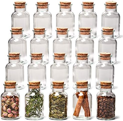 EZOWare 20pc Spice Jars, 5oz Bottle Clear Glass Canister Set with Cork Lid, Round Decorative Reusable Vial Storage Containers for Herbs, Teas, Seasonings, Party Favors, Candy (150ml)