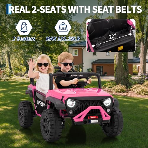 2 Seater Ride on Car for Kids, 24V Ride on Toy, Fast 4.97MPH Truck, 4WD Kids Electric Vehicles with Remote Control, Spring Suspension, Front & Behind LED Lights, Dual Storage, 3 Speeds, Music, Pink by GarveeLife - Image 2