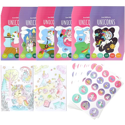 THE TWIDDLERS 36 Mini Libri da Colorare per Borse da Festa, con Adesivi - Tema Unicorno, A6 Mini Libri per Bambini, Età 4-8 Anni, Piccoli Libri da Colorare Perfetti per Riempire le Borse da Festa