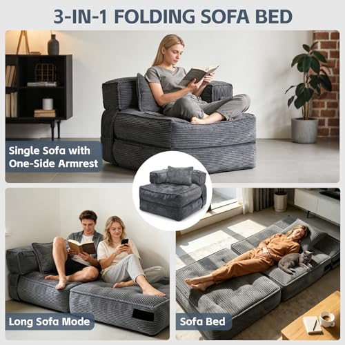 Image of Folding Sofa Bed Chair with Armrests, Convertible Futon Couch Sleeper Chair for Adults, Fold Out Boneless Chair Bed, Foldable Sofa Lounge for Small Spaces, with Pillow, Dark Grey
