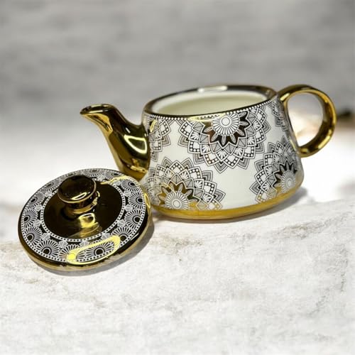 Image of DMRD MART-Porcelain Tea Set with Kettle |Tea Cup Set 7Pc | Aesthetic and Classic Cups Set | Premium Crockery for Home & Gifting with Golden Color Geometric Pattern Design. (Golden Lattice)